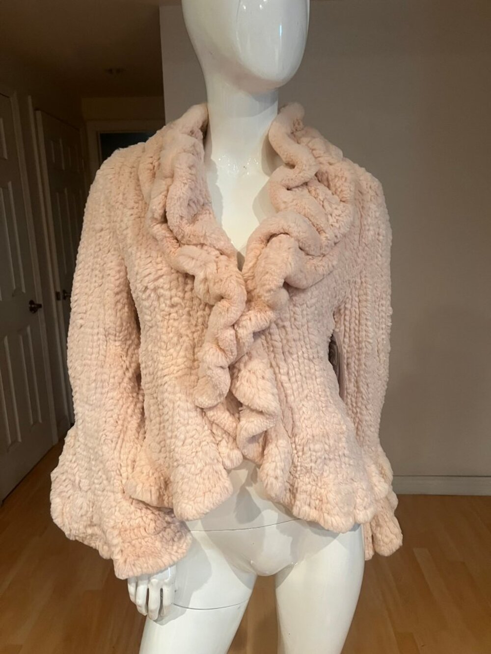 Y2K VINTAGE ALBERTO MAKALI RABBIT FUR CASCADE RUFFLE JACKET SZ S SMALL PINK